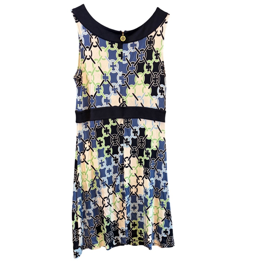 Tory Burch silk Blue Green Chain Link Print Sleeveless Shift Dress Gold Logo Zip - Picture 3 of 6